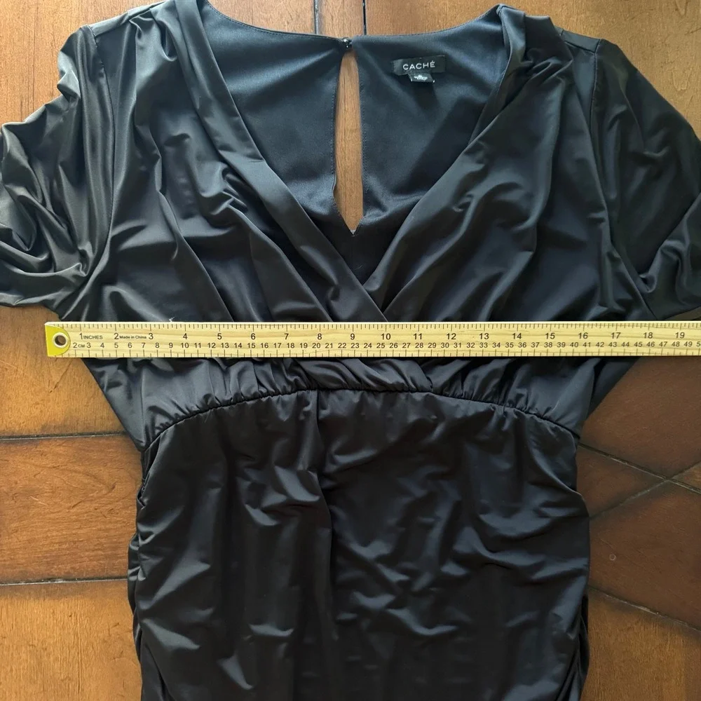 Cache Womens Black Ruched Bodycon Cocktail Dress Long Sleeve V-Neck Size S - Picture 6 of 8